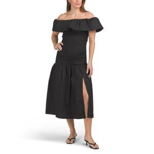 ASTR Black Shirred Off The Shoulder Dress With Ruffle Detail